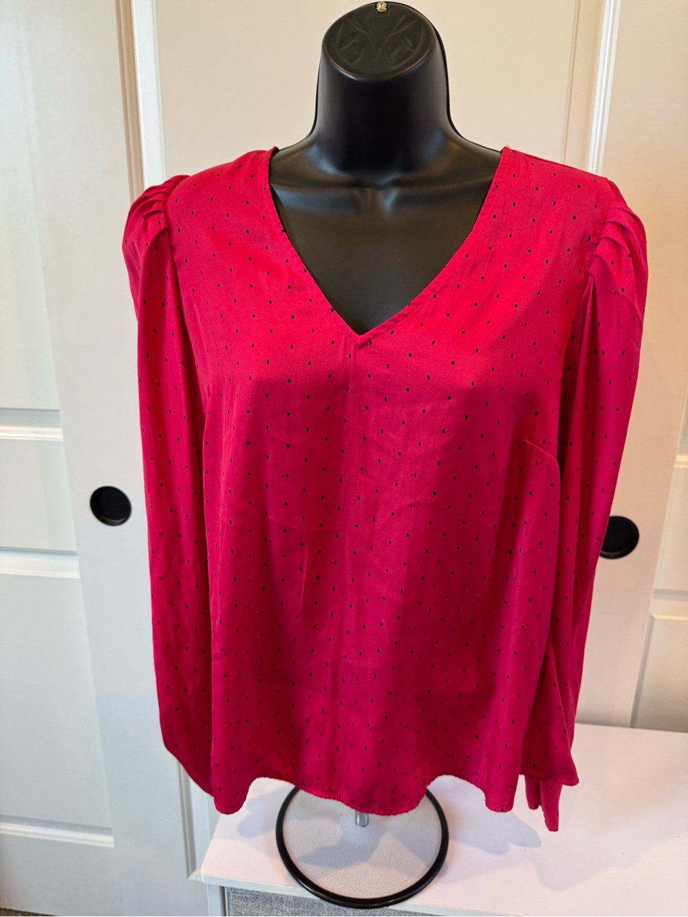 Banana Republic Hot Pink V-Neck Long Sleeve Blouse with Tiny Dot Print